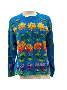 Jane’s Closet Harvest Fruit And Vegetables Embroidered Sequin Cardigan SZ XL